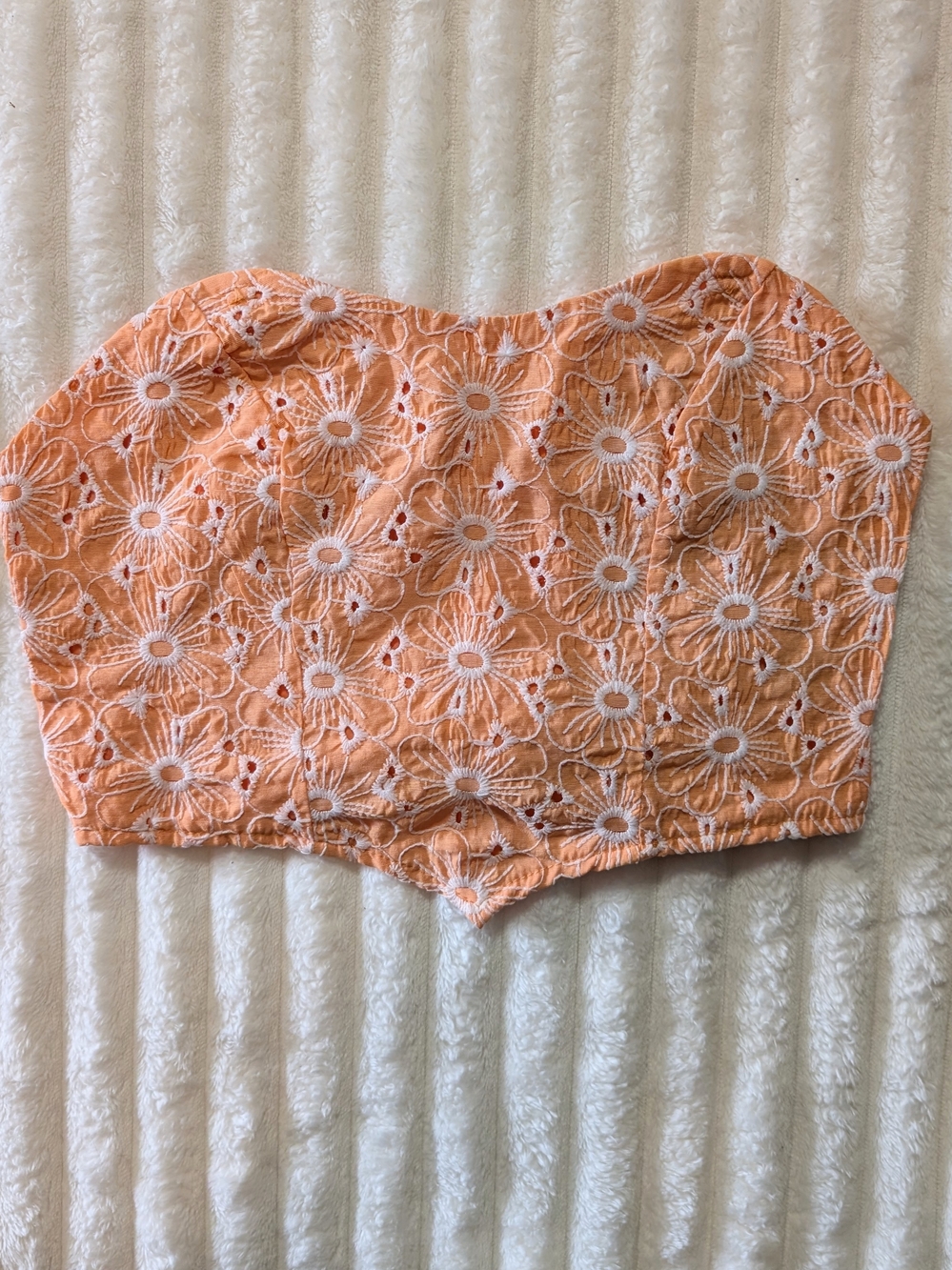 Orange With White Floral Embroidery Strapless Crop Top